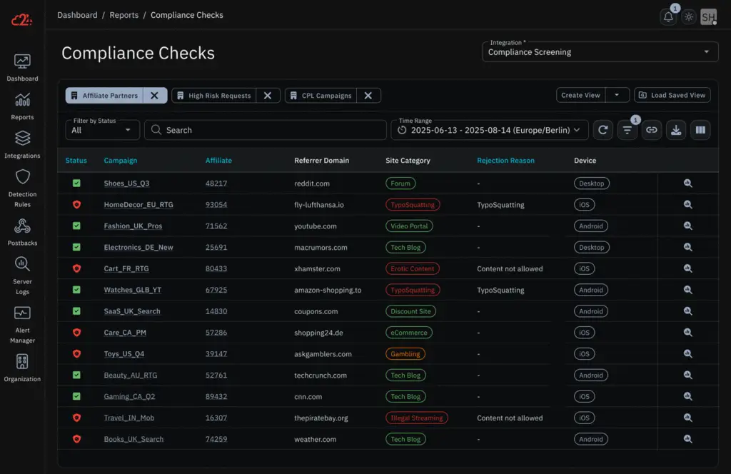 Screenshot of compliance / fraud tool that detects illegal streaming sites, adult sites using artificial intelligence.