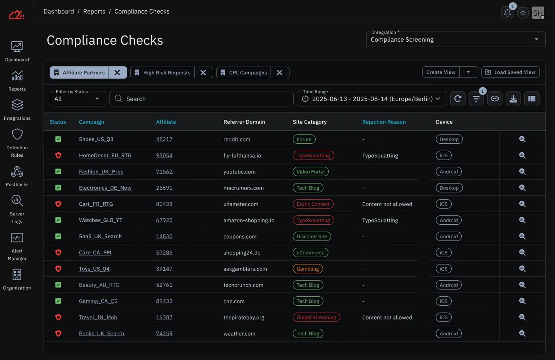 Screenshot of compliance / fraud tool that detects illegal streaming sites, adult sites using artificial intelligence.