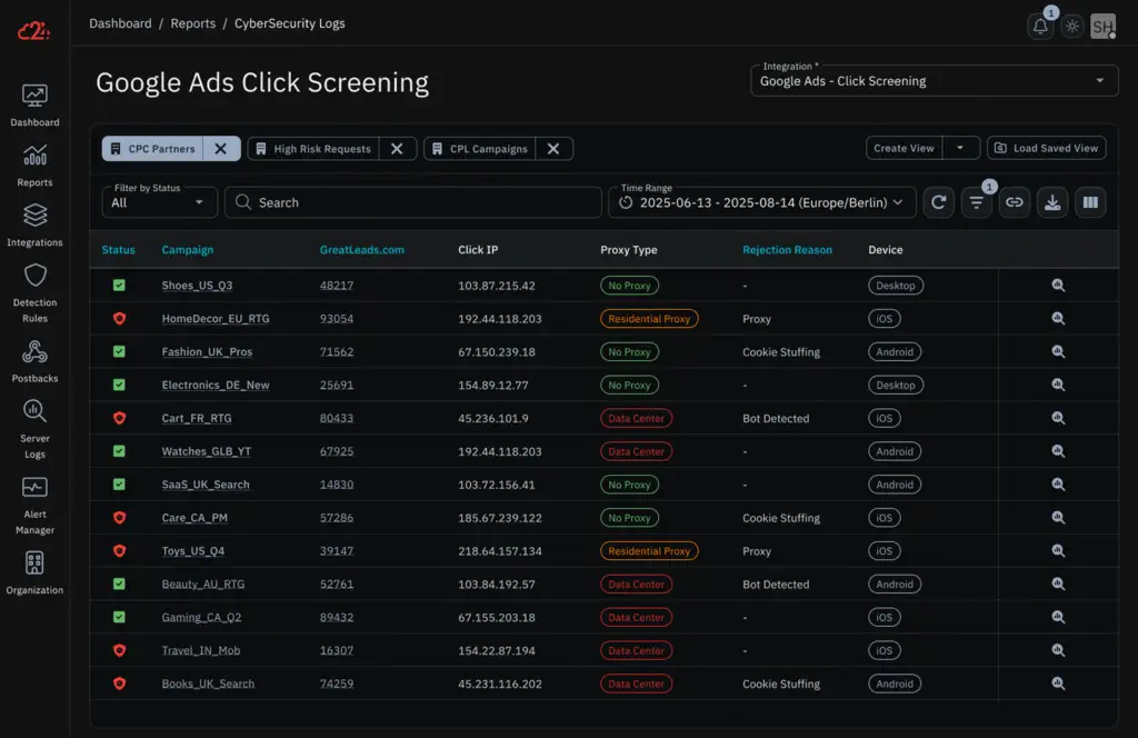Screenshot a advanced Google Click Fraud Screening solution