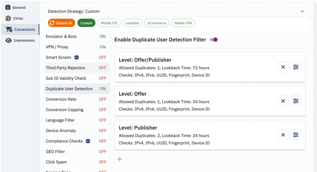 Affiliate Fraud Filter Configuration Options