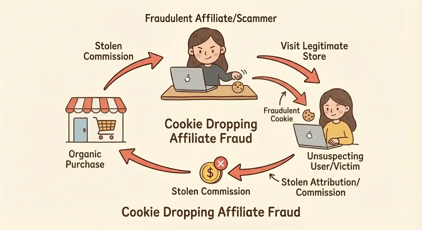 Schematic diagram illustrating cookie stuffing and cookie dropping, showing how tracking cookies are secretly added to a user’s browser to falsely attribute traffic or conversions.