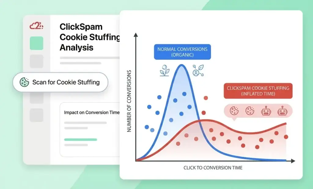 Screenshot alongside a diagram illustrating cookie stuffing, showing abnormal cookie dropping behavior.