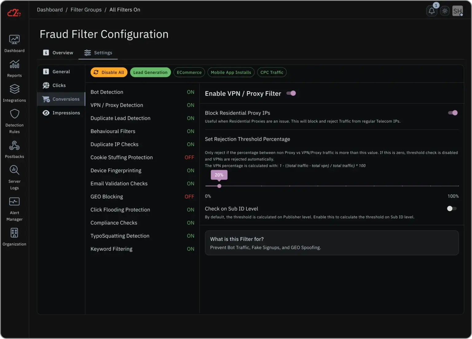 24metrics Fraud Filter Configuration panel with VPN, bot detection, and duplicate lead filters enabled for lead gen