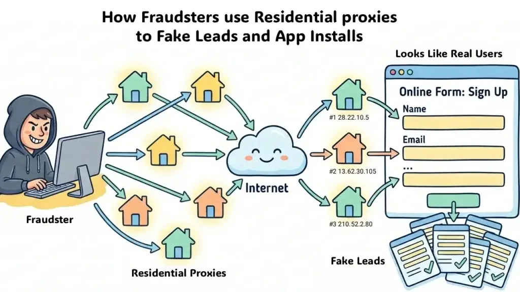 Fraudster using residential proxies to fill in fake forms and install mobile apps.