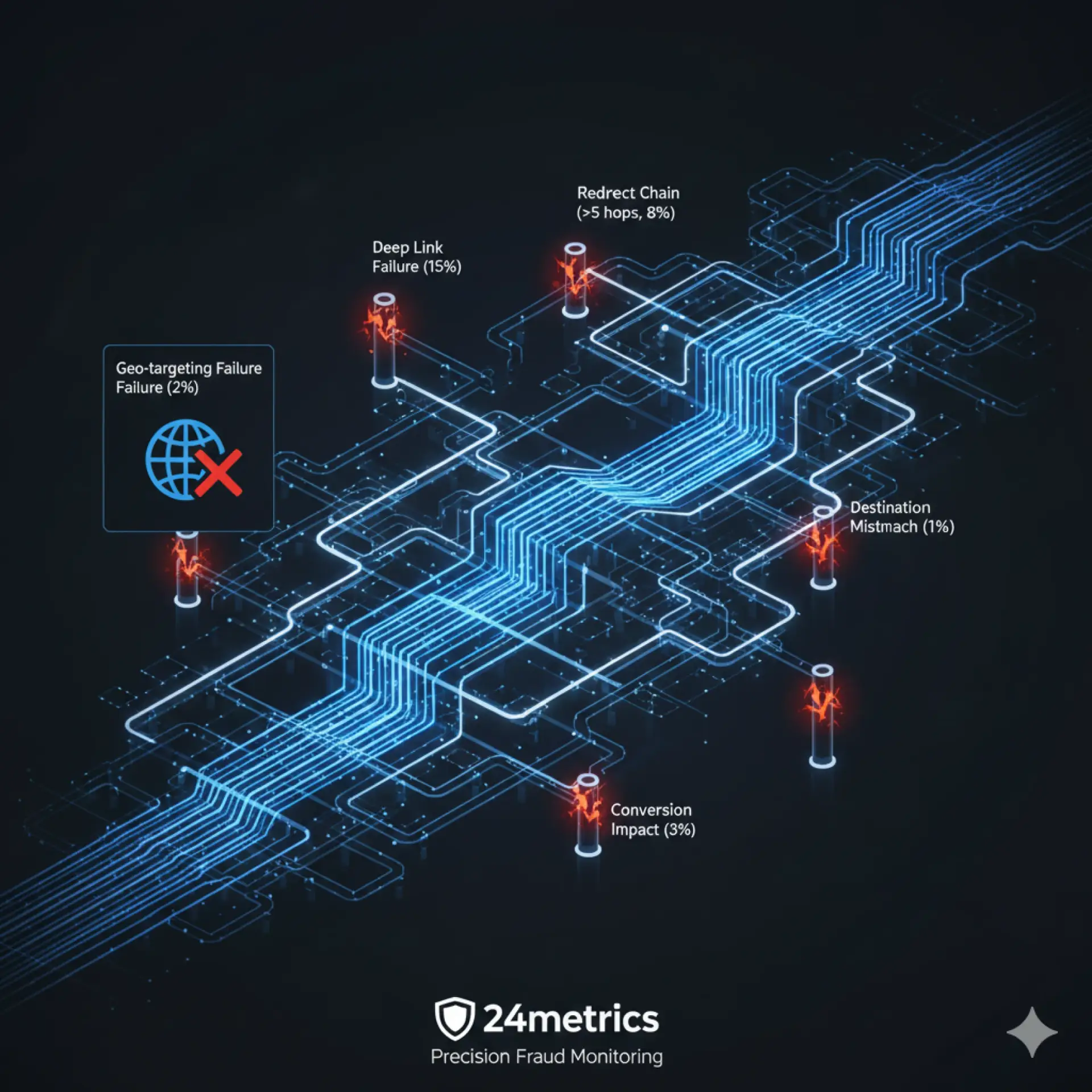Link testing diagram showing common tracking issues impacting conversions