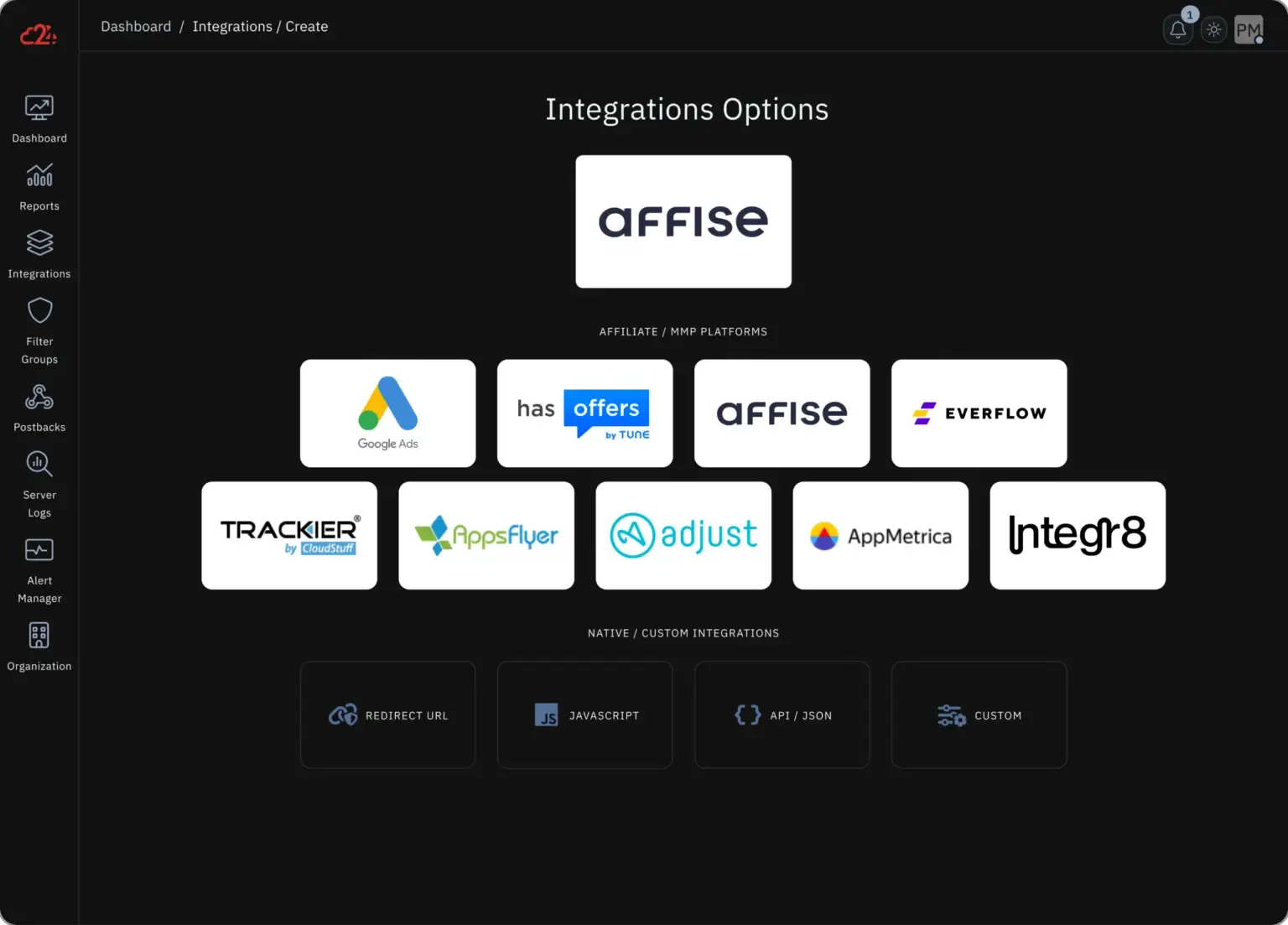 Integration Option Dashboard